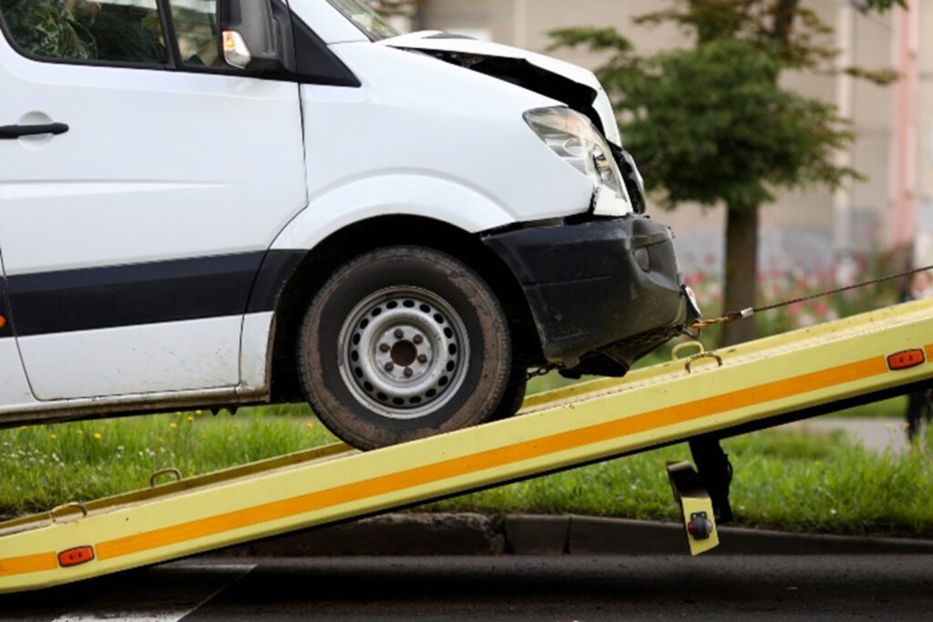 Commercial vehicle being towed after an accident in Las Vegas